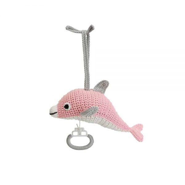 Gehäkelte Kinderwagenkette mit Delfinen & Ball (blau, Rasselgeräusch)