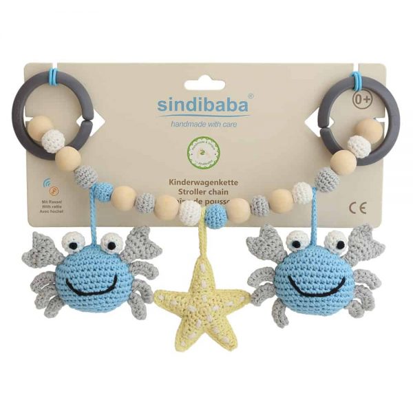 Kinderwagenkette Krabbe PINCER (blau), gehäkelt, mit Befestigungsringen