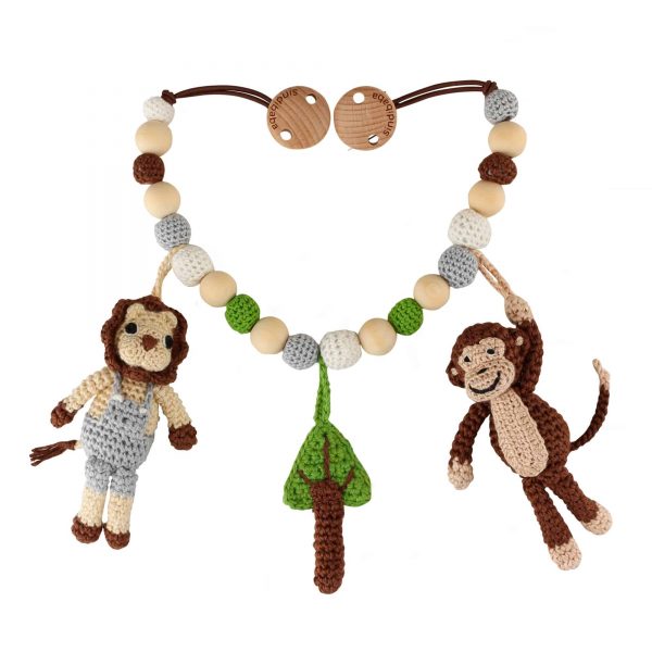 Gehäkelte Kinderwagenkette Affe & Löwe (Vorderansicht)